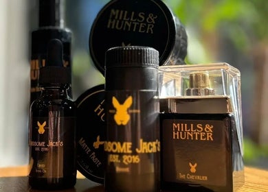 Grooming products displayed at Handsome Jacks Shawlands in Glasgow, Scotland, GB.
