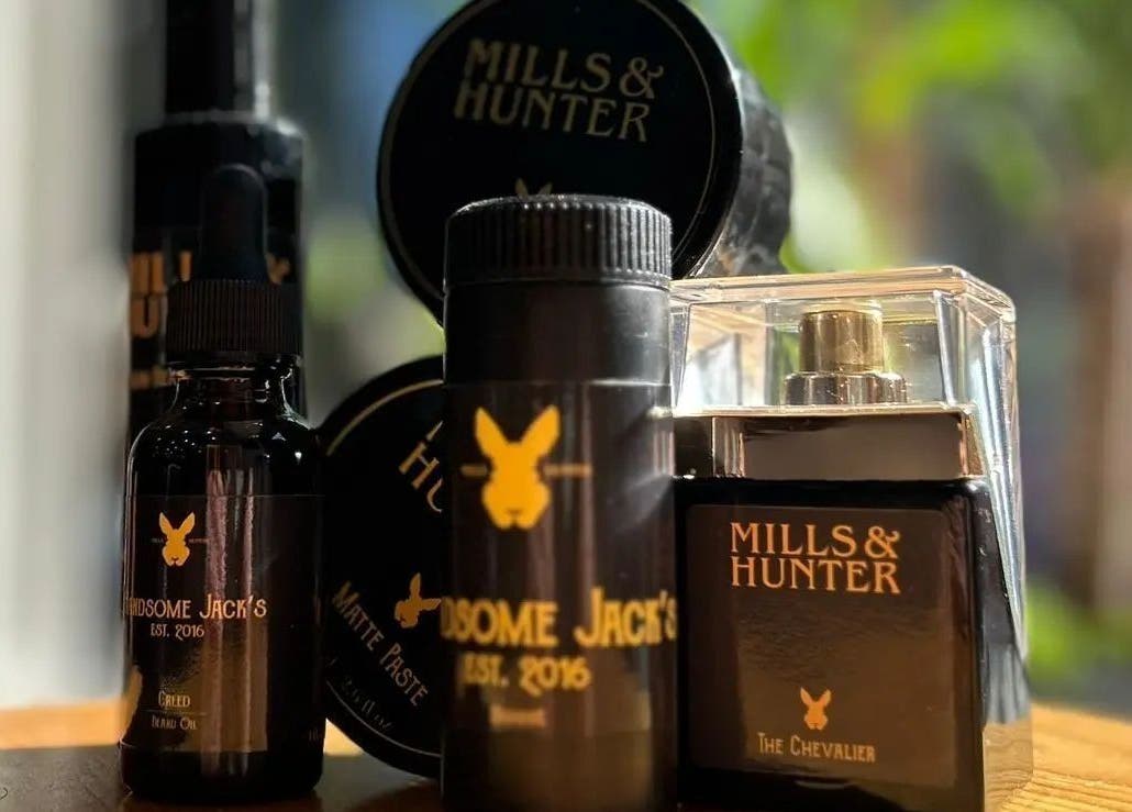 Grooming products displayed at Handsome Jacks Shawlands in Glasgow, Scotland, GB.