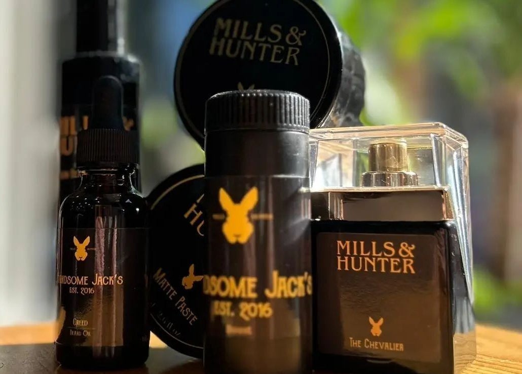 Grooming products displayed at Handsome Jacks Shawlands in Glasgow, Scotland, GB.