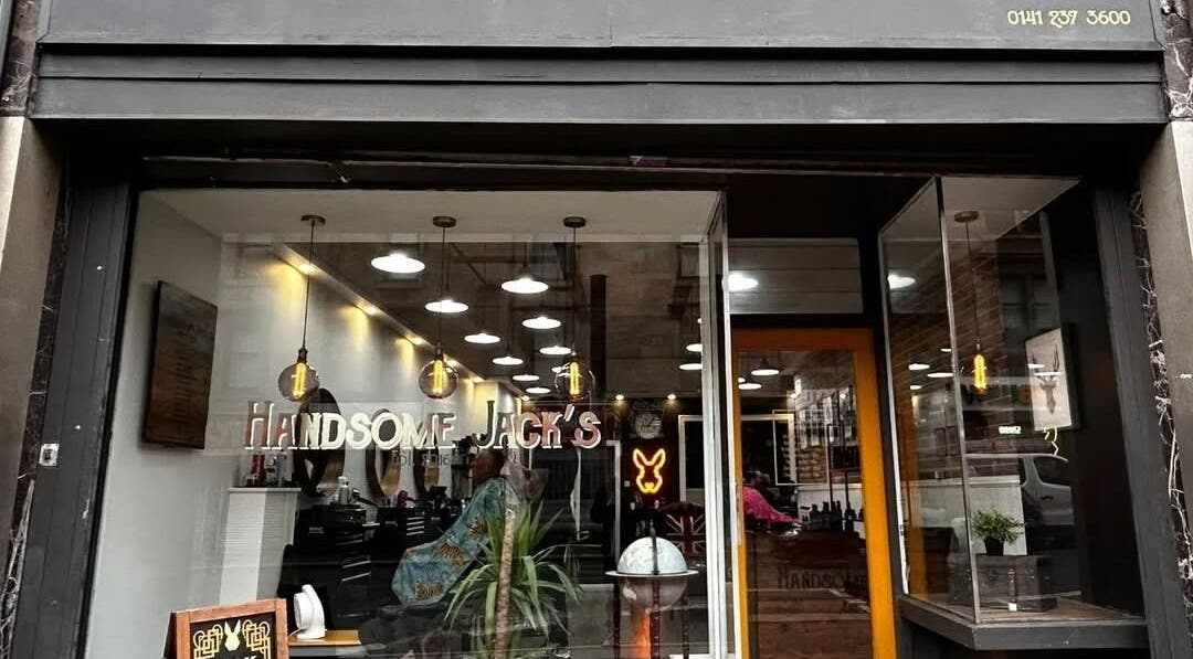 Front view of Handsome Jacks Dennistoun in Glasgow, Scotland, GB inviting with modern barber decor.