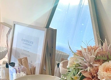 Sophisticated beauty setup at Barre & Co. Beauty, Melbourne, Victoria, AU with flowers and decor.