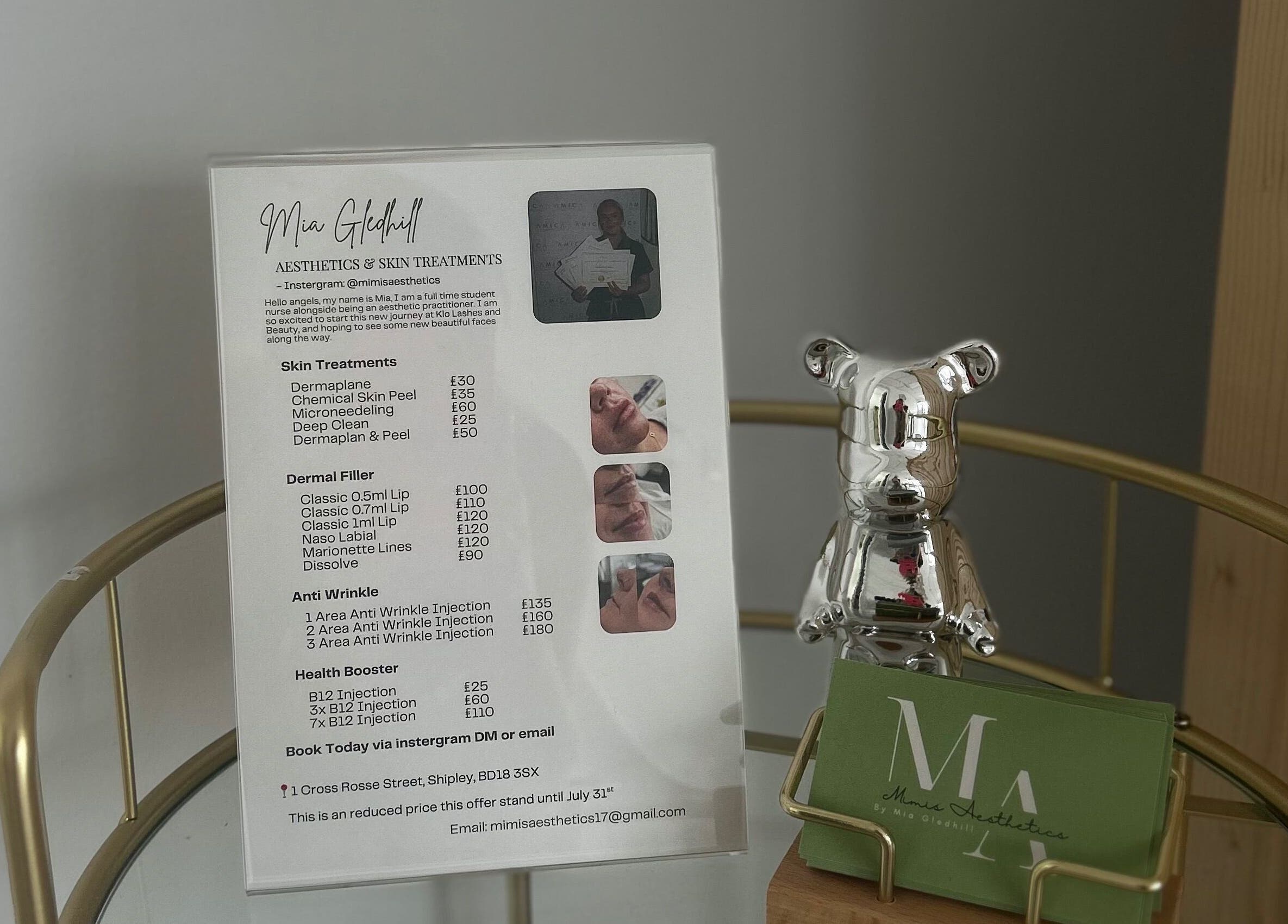 Service menu with aesthetic treatment options at Mimis Aesthetics, Shipley, England, GB.