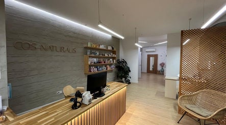 Recepción moderna en Cos Naturalis, Alcúdia, Illes Balears, ES, con muebles de madera y estanterías de productos.