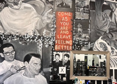 Artistic mural at Cut Republic Connecticut, Cromwell, Connecticut, US, depicting vintage barbershop scenes.