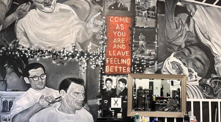 Artistic mural at Cut Republic Connecticut, Cromwell, Connecticut, US, depicting vintage barbershop scenes.