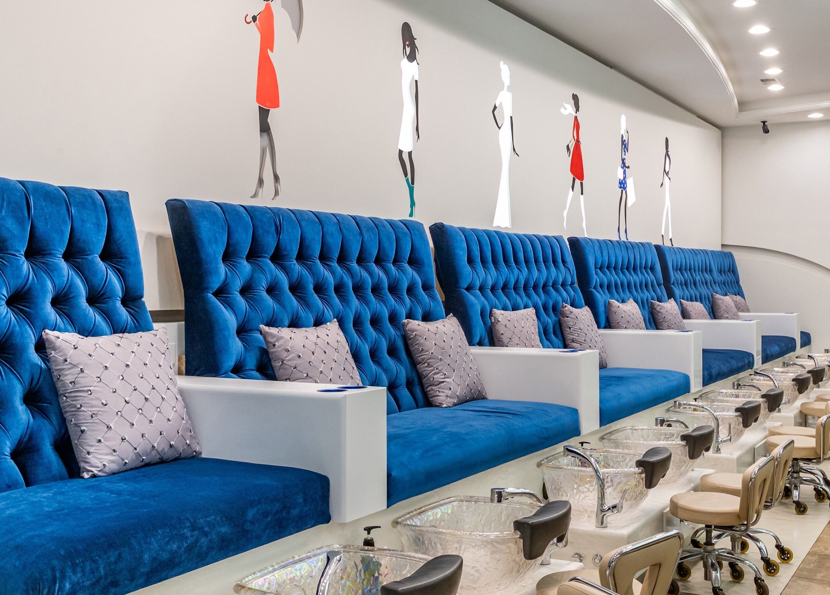 Luxurious blue spa chairs at Couture Nails and Waxing in Chicago, Illinois, US, ready for service.