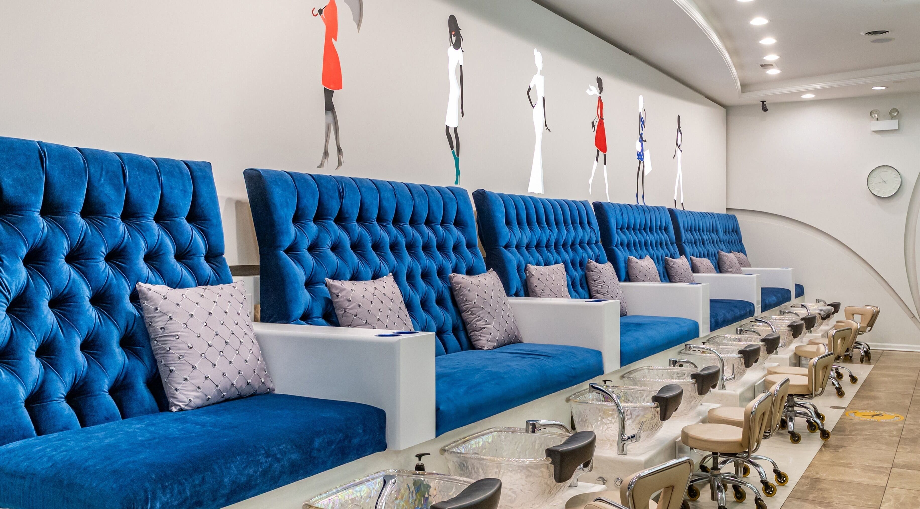 Luxurious blue spa chairs at Couture Nails and Waxing in Chicago, Illinois, US, ready for service.