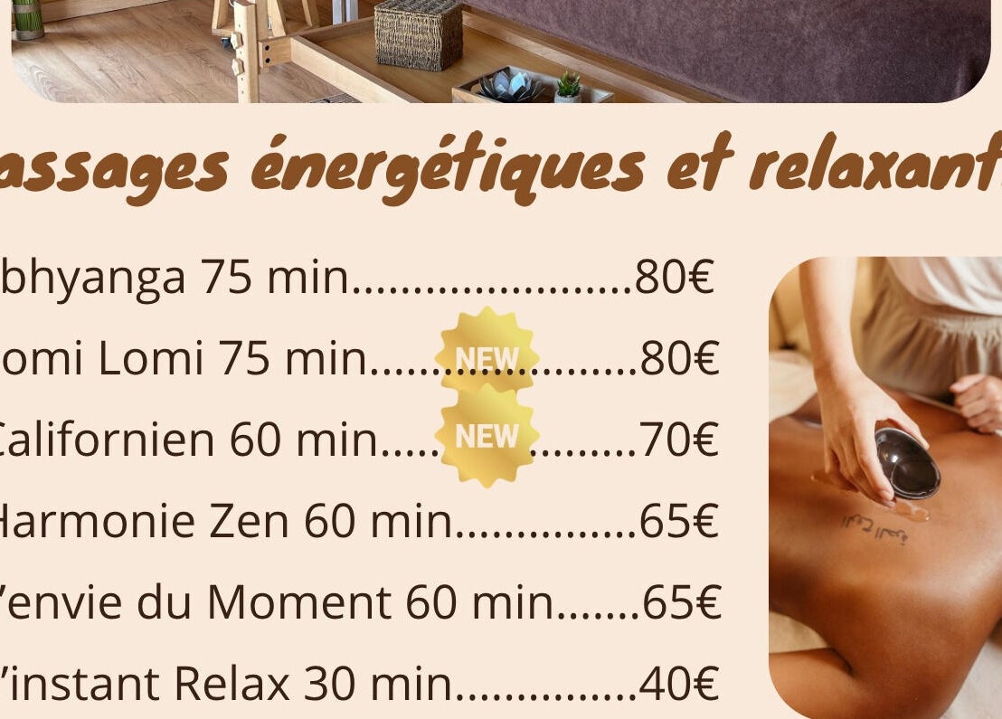 Menu des massages énergétiques et relaxants à Equilibre & Harmonie by FD, Pierrelatte, Auvergne-rhône-alpes, FR.