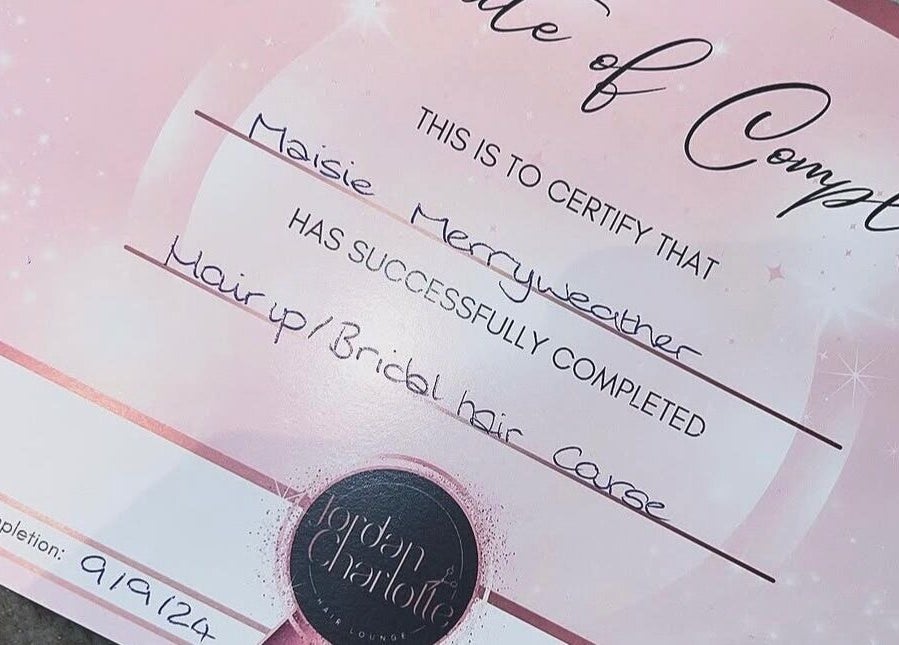 Certificate from Hair By Maisie K in Middlesbrough, England, GB, showcasing successful course completion.