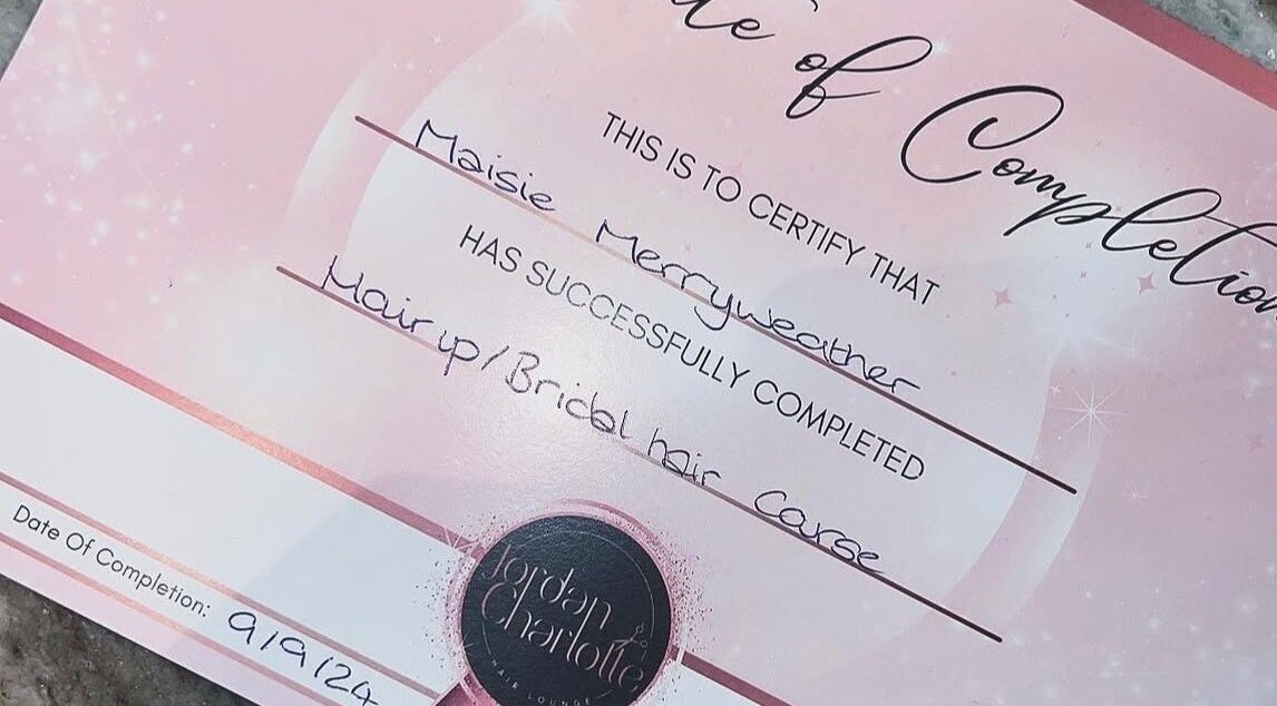 Certificate from Hair By Maisie K in Middlesbrough, England, GB, showcasing successful course completion.