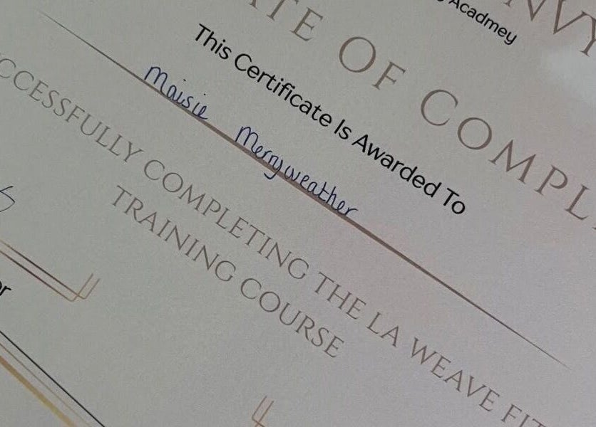 Completion certificate for Hair By Maisie K academy in Middlesbrough, England, GB, showcasing excellence.