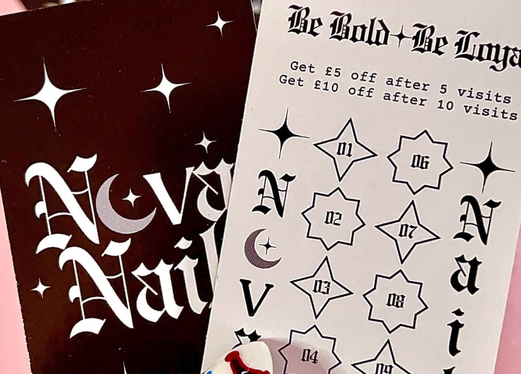 Nova Nails loyalty cards showcasing discounts in Pontypridd, Wales, GB.