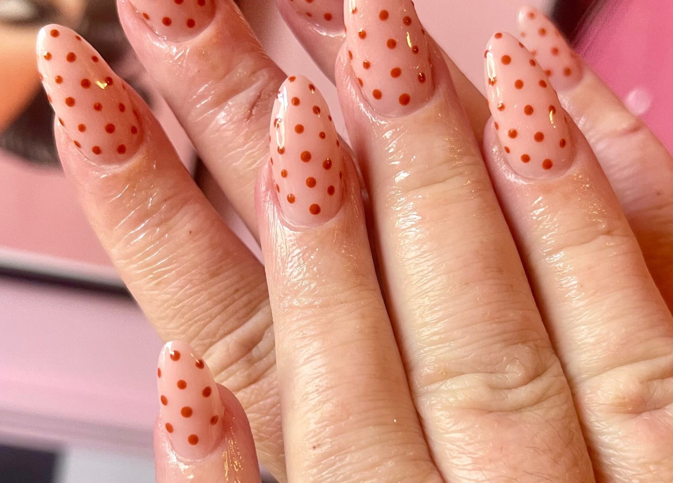 Chic polka dot nail art at Nova Nails, Pontypridd, Wales, GB.