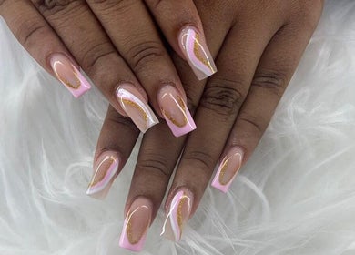 Elegant pink and gold nail art at Maestra of Divine Nail Art Inc., Brighton, St. George, VC.