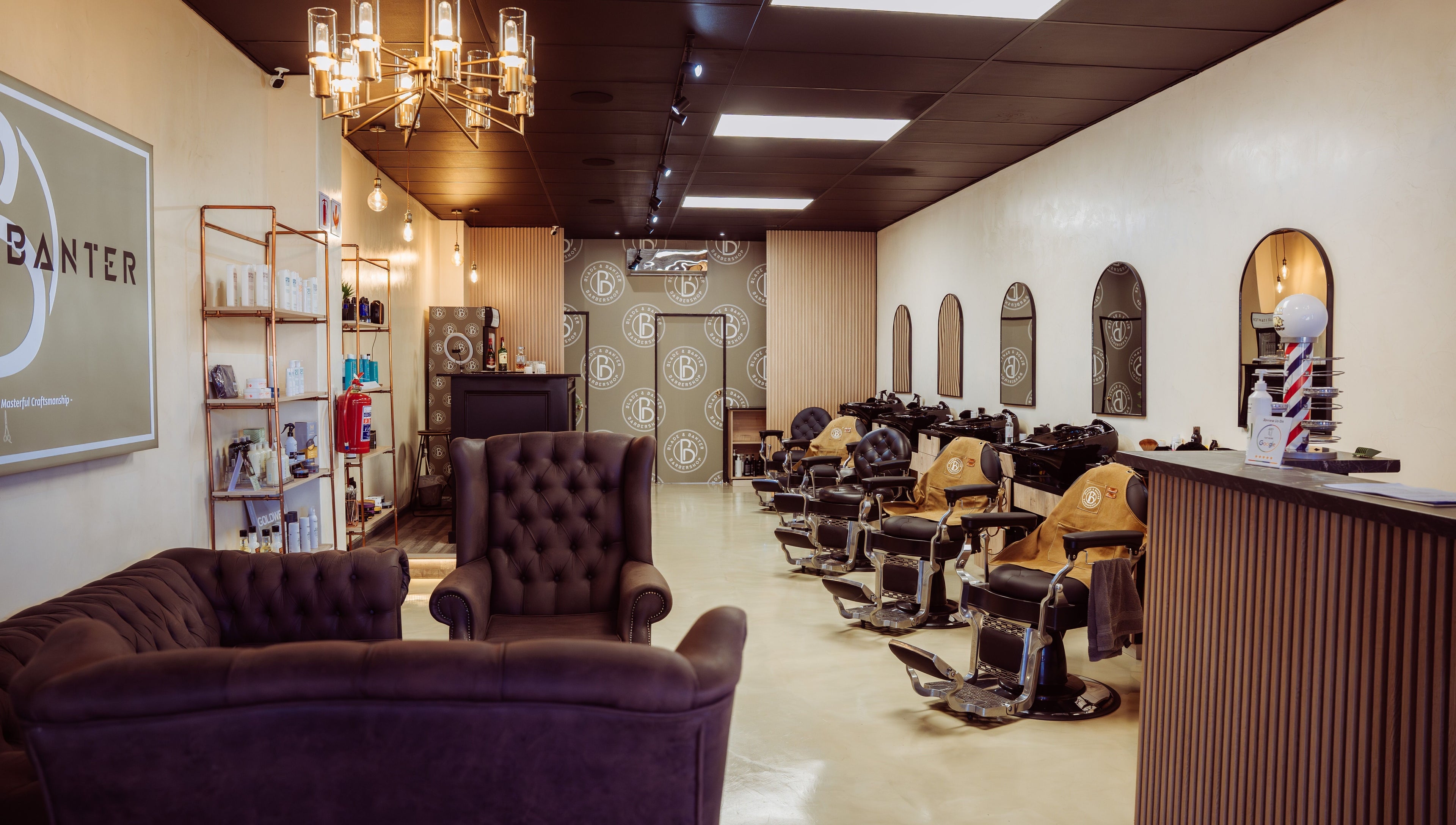 Elegant interior of Blade & Banter Barbershop in Midrand, Gauteng, ZA with stylish chairs and decor.