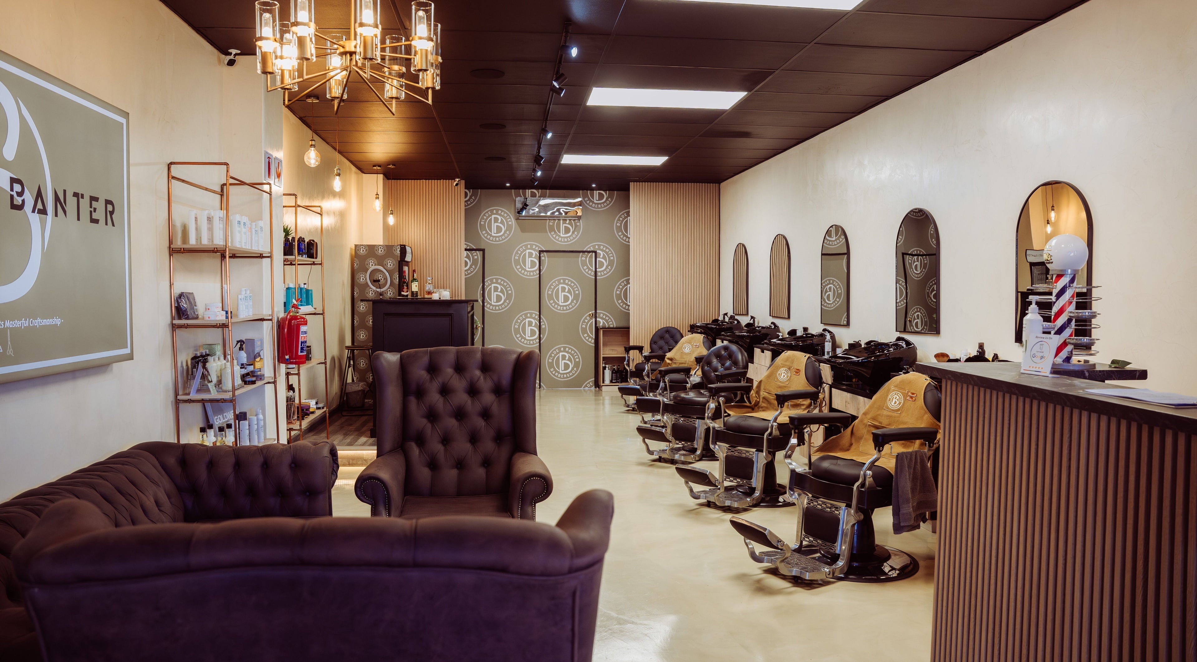 Elegant interior of Blade & Banter Barbershop in Midrand, Gauteng, ZA with stylish chairs and decor.