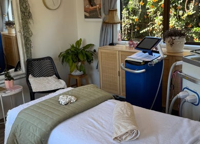 Elegant treatment room at Found Skin, Mount Maunganui, Bay Of Plenty, NZ with cozy decor and advanced equipment.