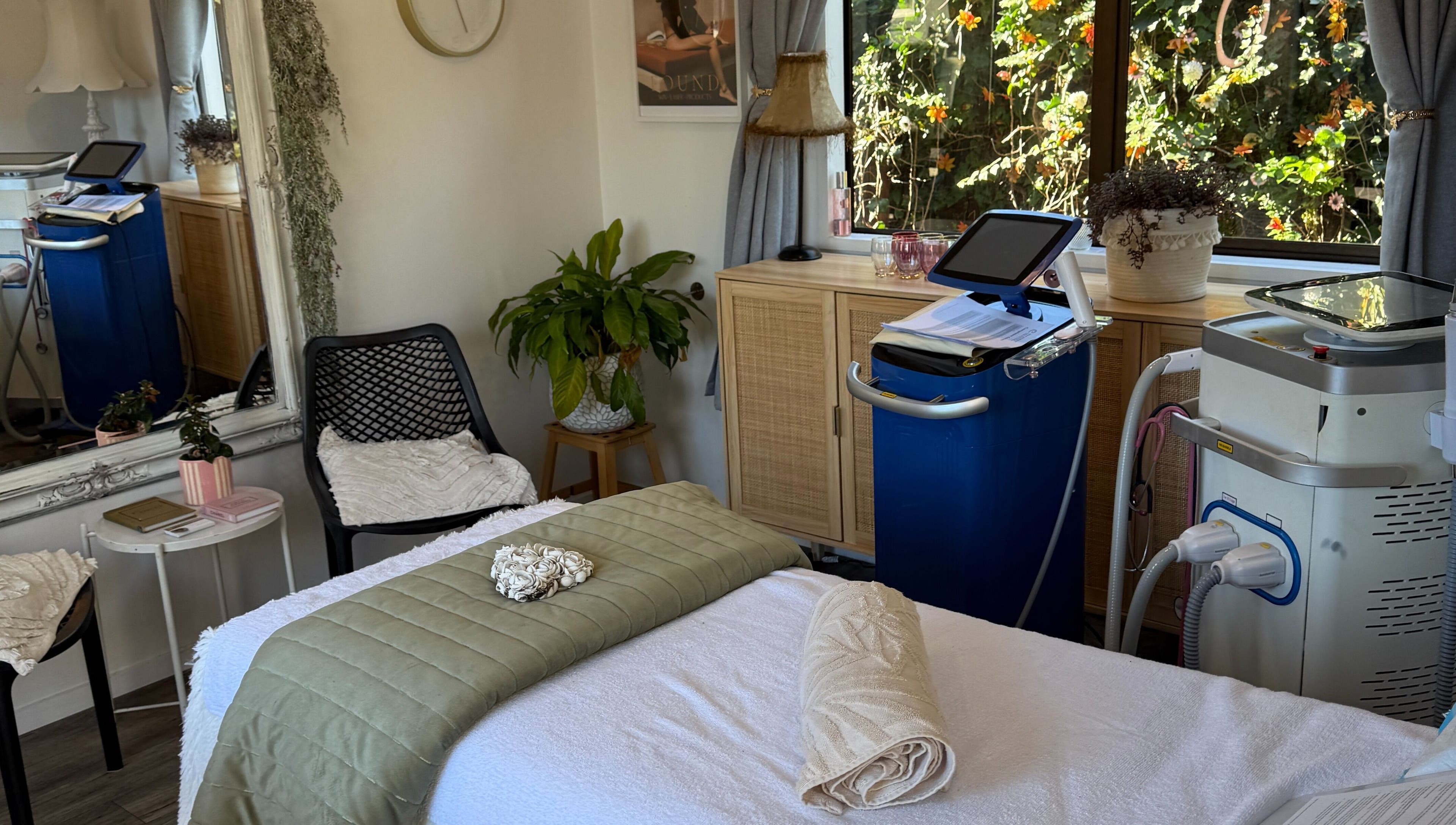 Serene beauty room at Found Skin, Mount Maunganui, Bay Of Plenty, NZ, featuring treatment bed and decor.