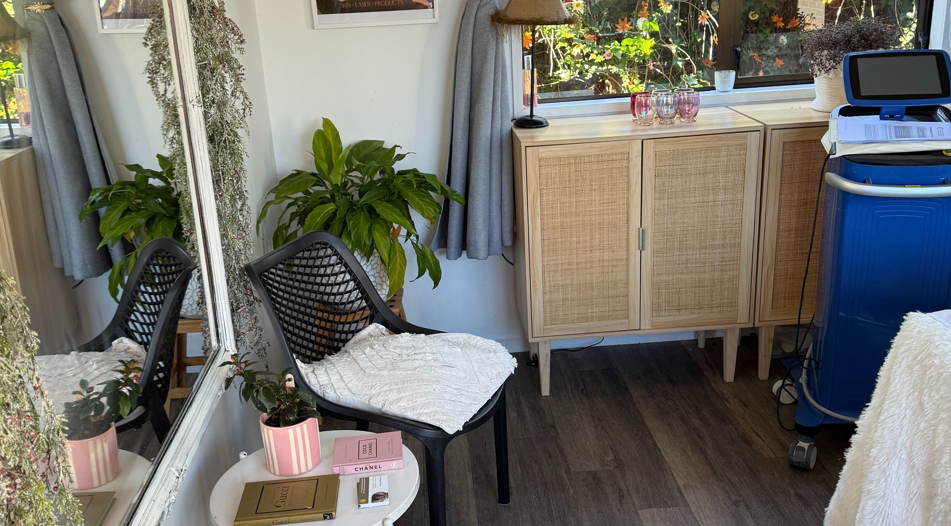 Relaxing corner with plants and decor at Found Skin, Mount Maunganui, Bay Of Plenty, NZ.