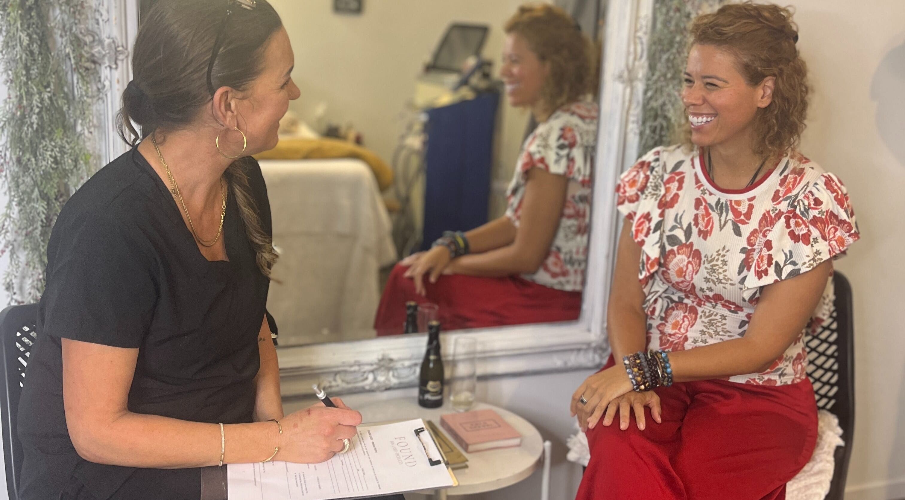 Consultation at Found Skin in Mount Maunganui, Bay Of Plenty, NZ. Smiling client and staff interaction.