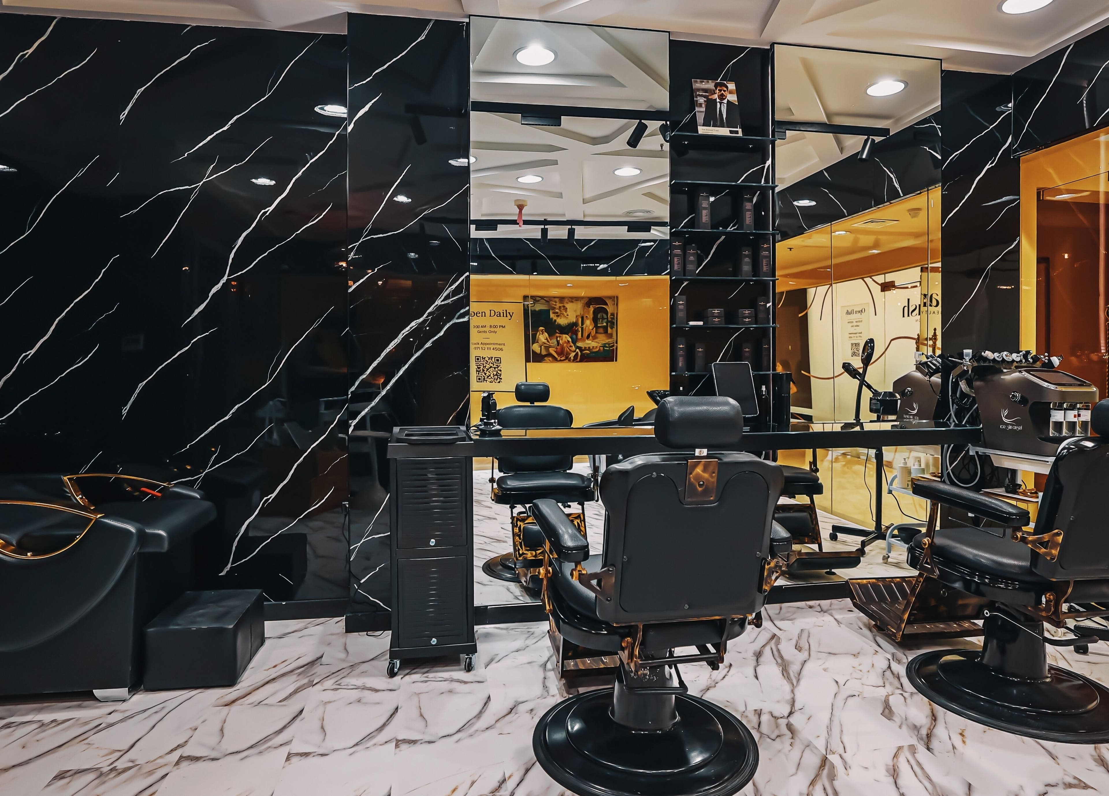 Modern interior of The Jet Barber Gents Salon Palm Jumeirah, Dubai, AE featuring sleek black barber chairs.
