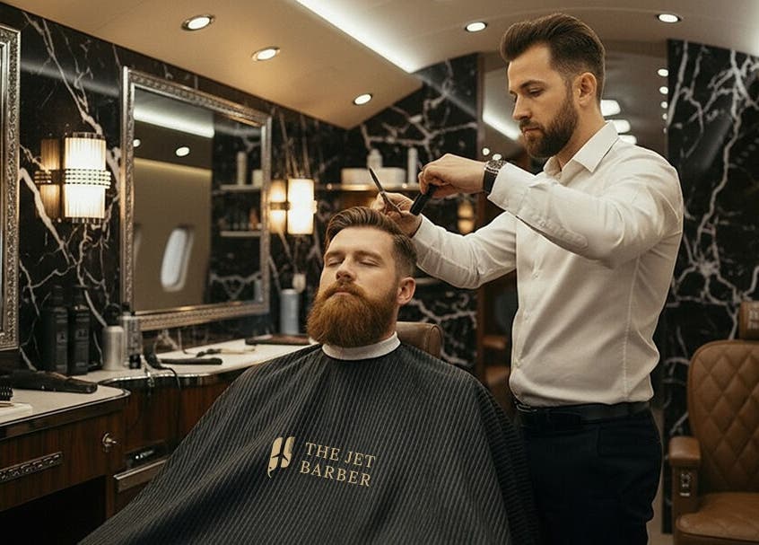 A barber expertly cuts a client's hair at The Jet Barber Gents Salon Palm Jumeirah, Dubai, AE.