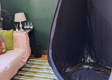 Cozy tanning room at Glow Tan Spray Tan Salon in Olifantsfontein, Gauteng, ZA with stylish decor and spray tan tent.