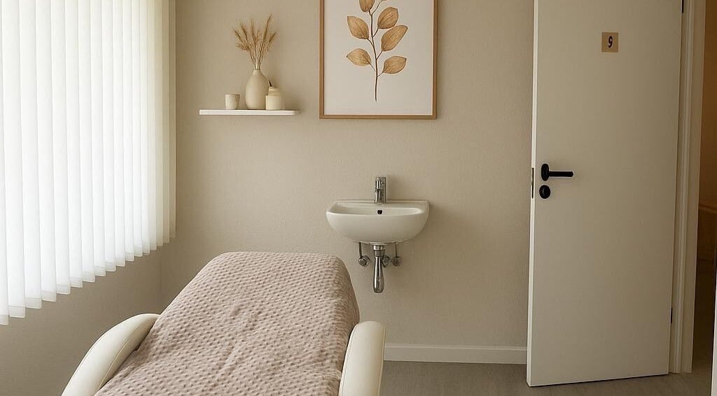 Entspannungsraum im SOLO Ästhetik Studio, Kaiserslautern, mit Behandlungsliege und stilvoller Dekoration.