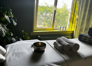 Massagekamer bij Melohh Massage (for women only) in Amsterdam, Noord-Holland, NL met handdoeken en plant.