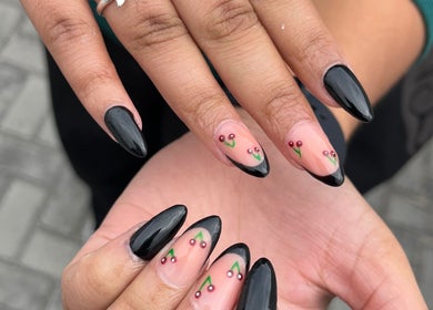 Chic cherry nail art at Nails by Faith, Cape Town, Western Cape, ZA, featuring stylish black tips.