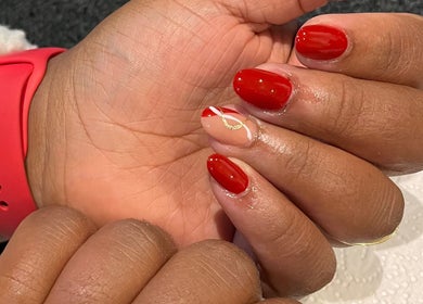 Red and nude nail art with gold accent at Nails by Faith, Cape Town, Western Cape, ZA.