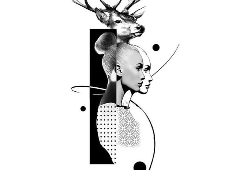 Künstlerisches Design bei Beauty Ink., Rodalben, Rheinland-pfalz, DE mit abstrakten Frauenprofilen und Hirsch.