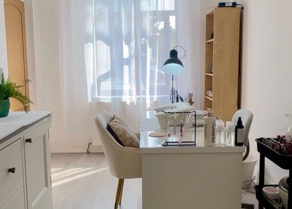 Bright nail station at Luxe Nails Lounge, Southend-on-sea, England, GB with stylish decor and modern supplies.