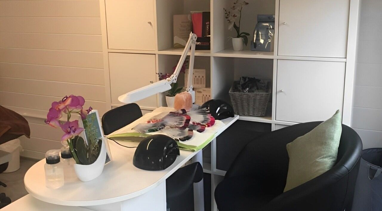 Modern nail station at Beauty by Amy Bennett, Blackburn, Scotland, GB, featuring elegant decor and tools.