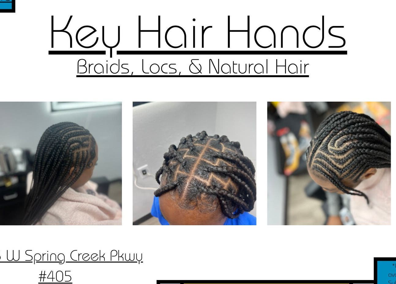 Braided hairstyles at Key Hair Hands in Plano, Texas, US, showcasing intricate designs.