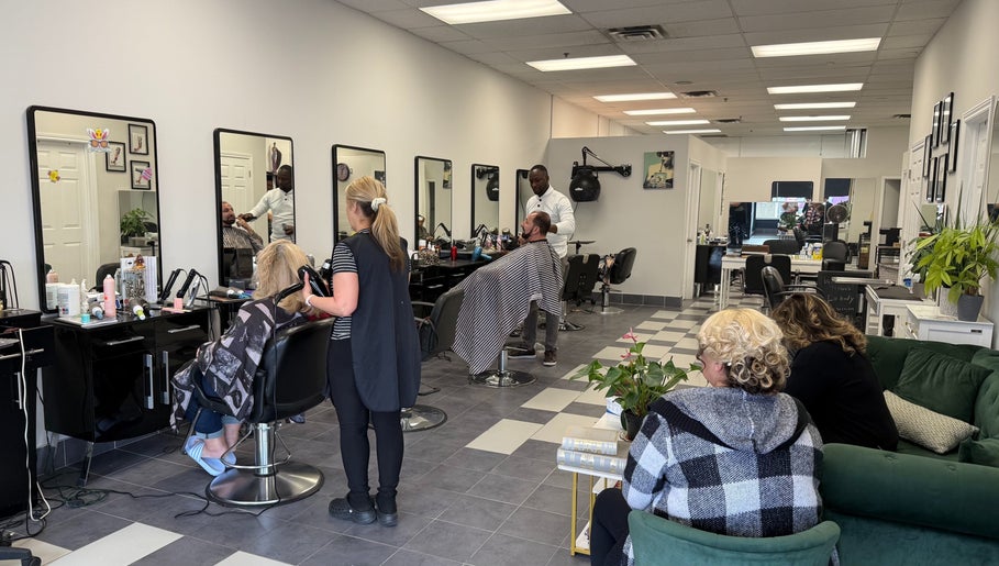 Hair Fashion 3000 salon offers expert services in Ajax, Ontario, CA, showcasing modern styling stations and professionals.