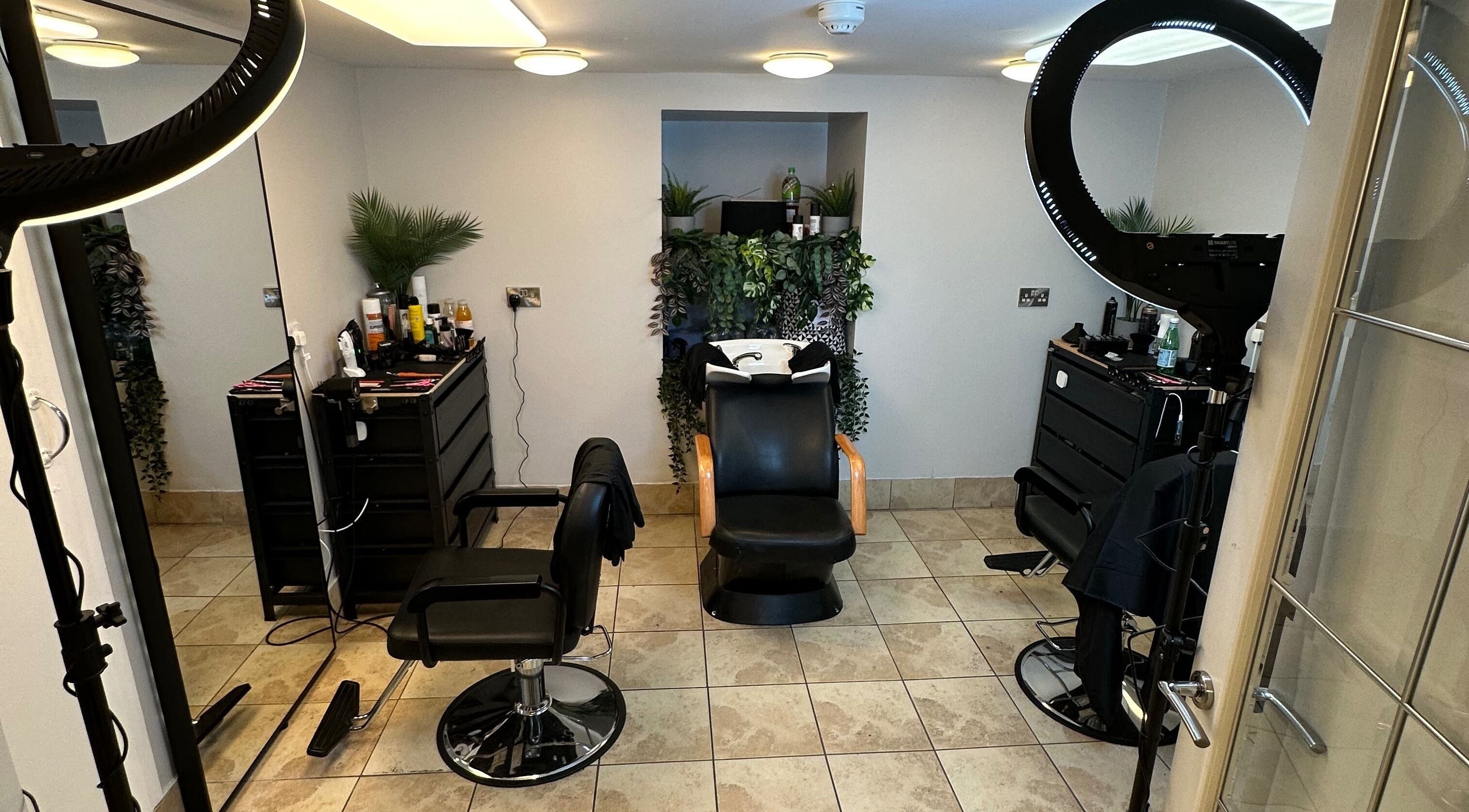 Modern salon space in NO BRAND, Dublin, County Dublin, IE featuring chairs, mirrors, and lush greenery.