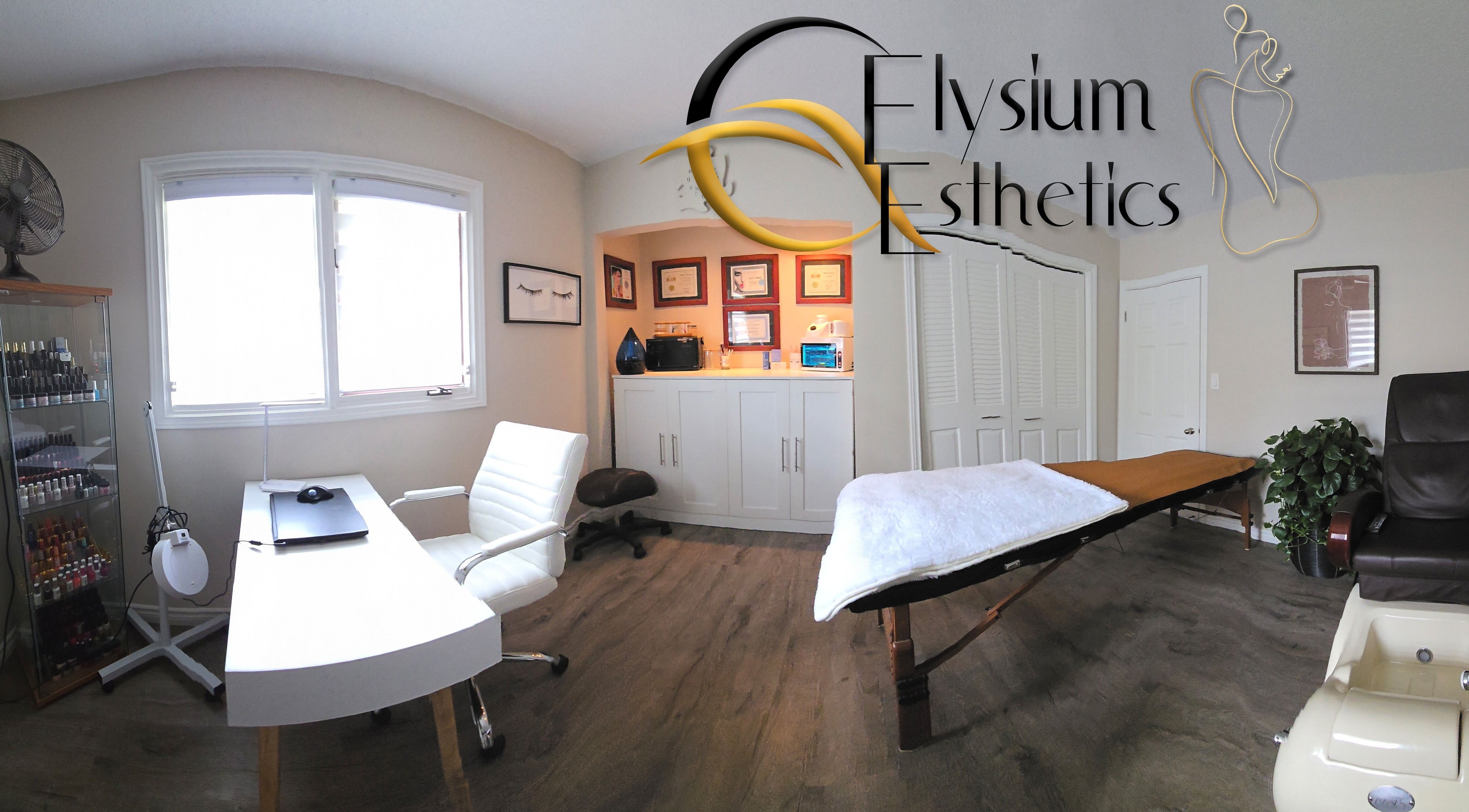 Relaxing interior of Elysium Esthetics, Westport, Ontario, CA, featuring spa bed and inviting decor.