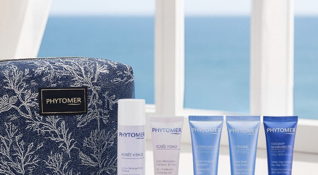 Phytomer skincare products displayed at Elysium Esthetics in Westport, Ontario, CA with ocean view.