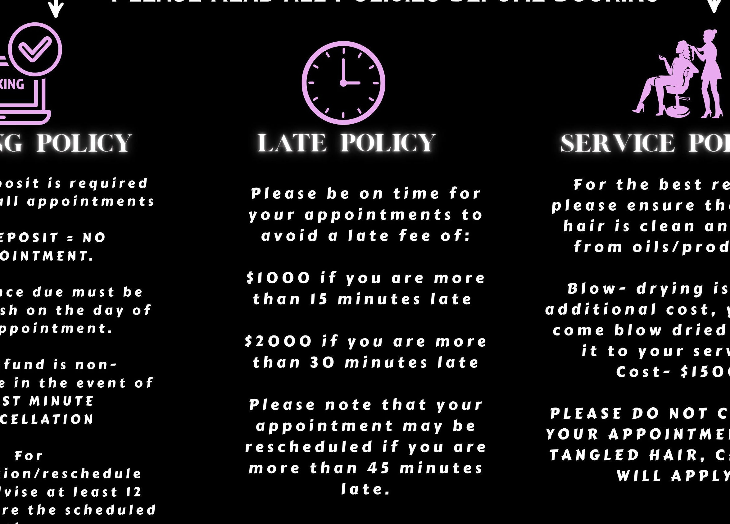 Luxlooks.bylea salon policies image, detailing booking and service guidelines in Savanna La Mar, Westmoreland Parish, JM.