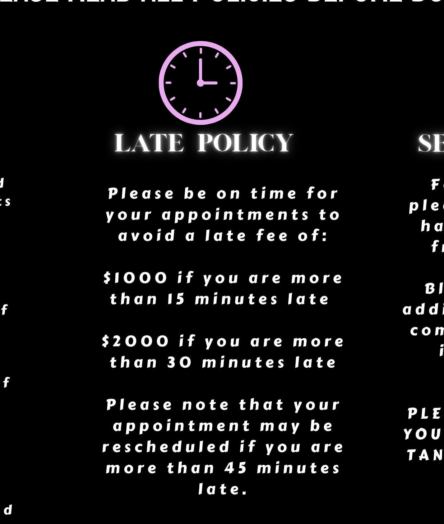 Luxlooks.bylea salon policies image, detailing booking and service guidelines in Savanna La Mar, Westmoreland Parish, JM.