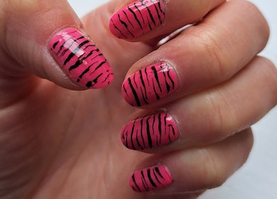 Pink zebra stripe nails at Nailed It Yate, Yate, England, GB.
