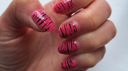 Pink zebra stripe nails at Nailed It Yate, Yate, England, GB.