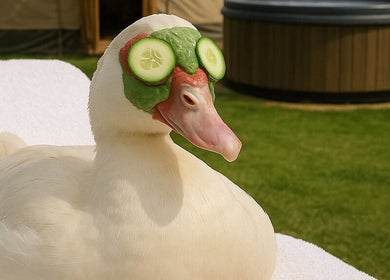 Duck enjoying spa treatment at Beauty Barn in Catton, England, GB with cucumbers on eyes.