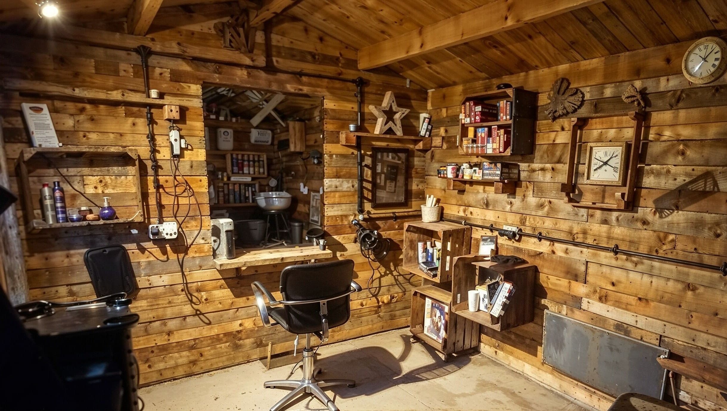 Cozy, rustic interior of The Cabin salon in Codicote, England, GB. Features wood paneling and vintage decor.