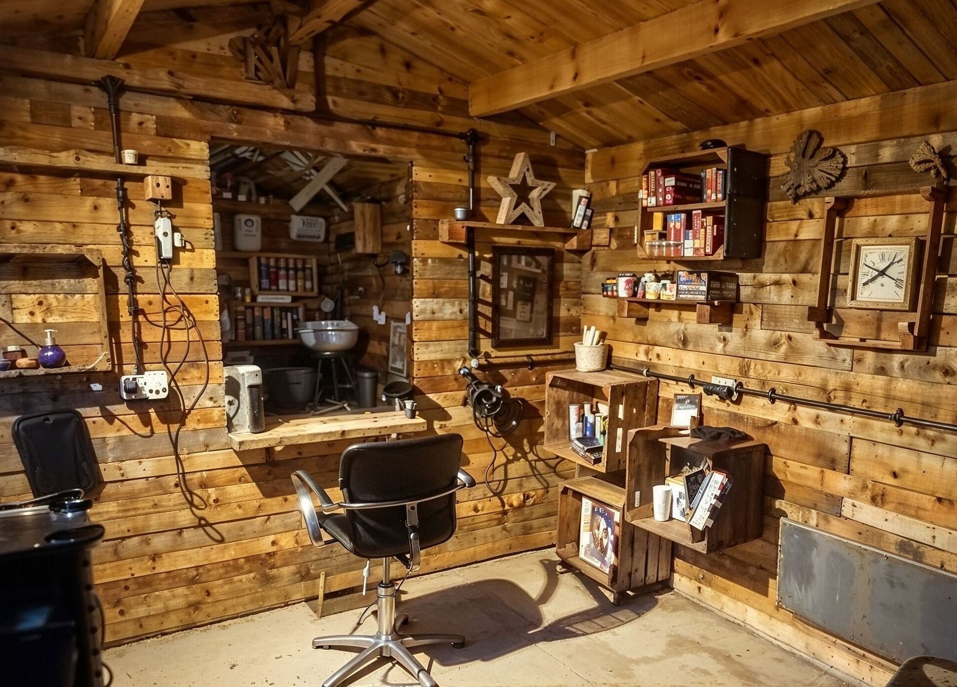 Cozy, rustic interior of The Cabin salon in Codicote, England, GB. Features wood paneling and vintage decor.