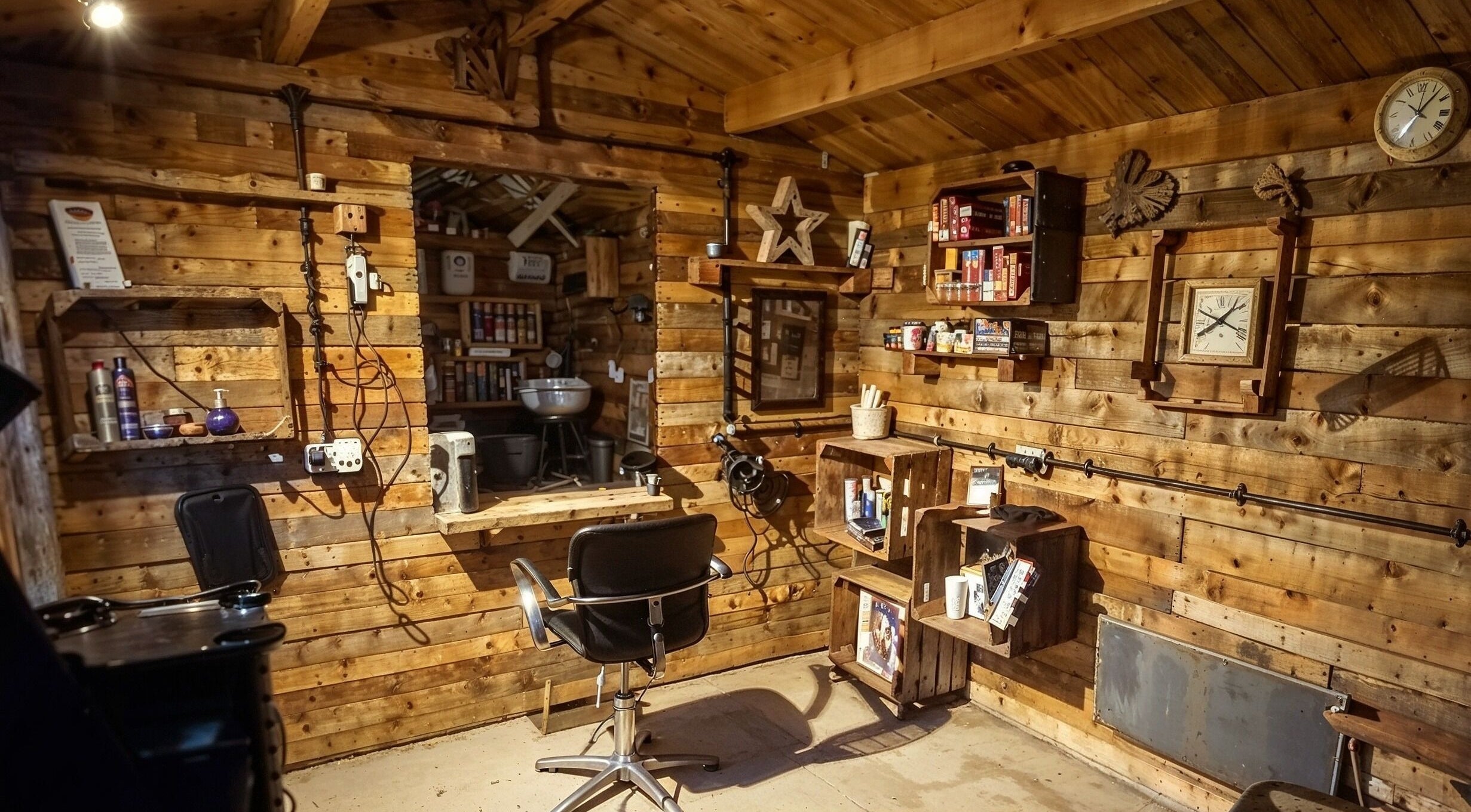 Cozy, rustic interior of The Cabin salon in Codicote, England, GB. Features wood paneling and vintage decor.