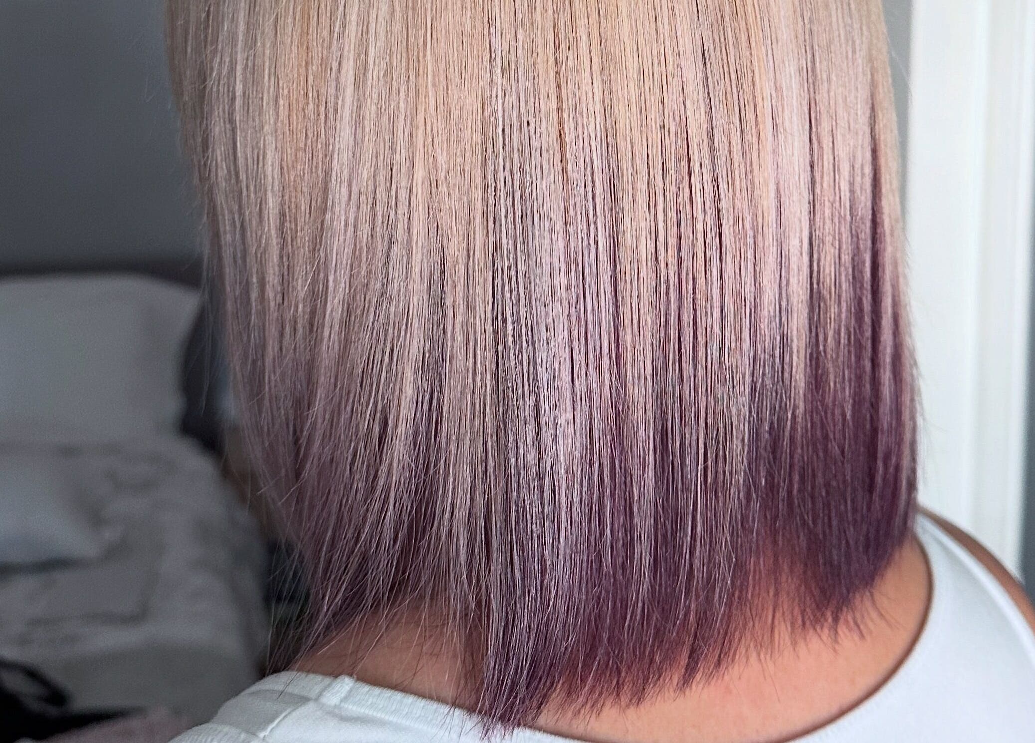 Vibrant bob haircut with purple shades by Mob Hair Mobile Appointments in Giltbrook, England, GB.