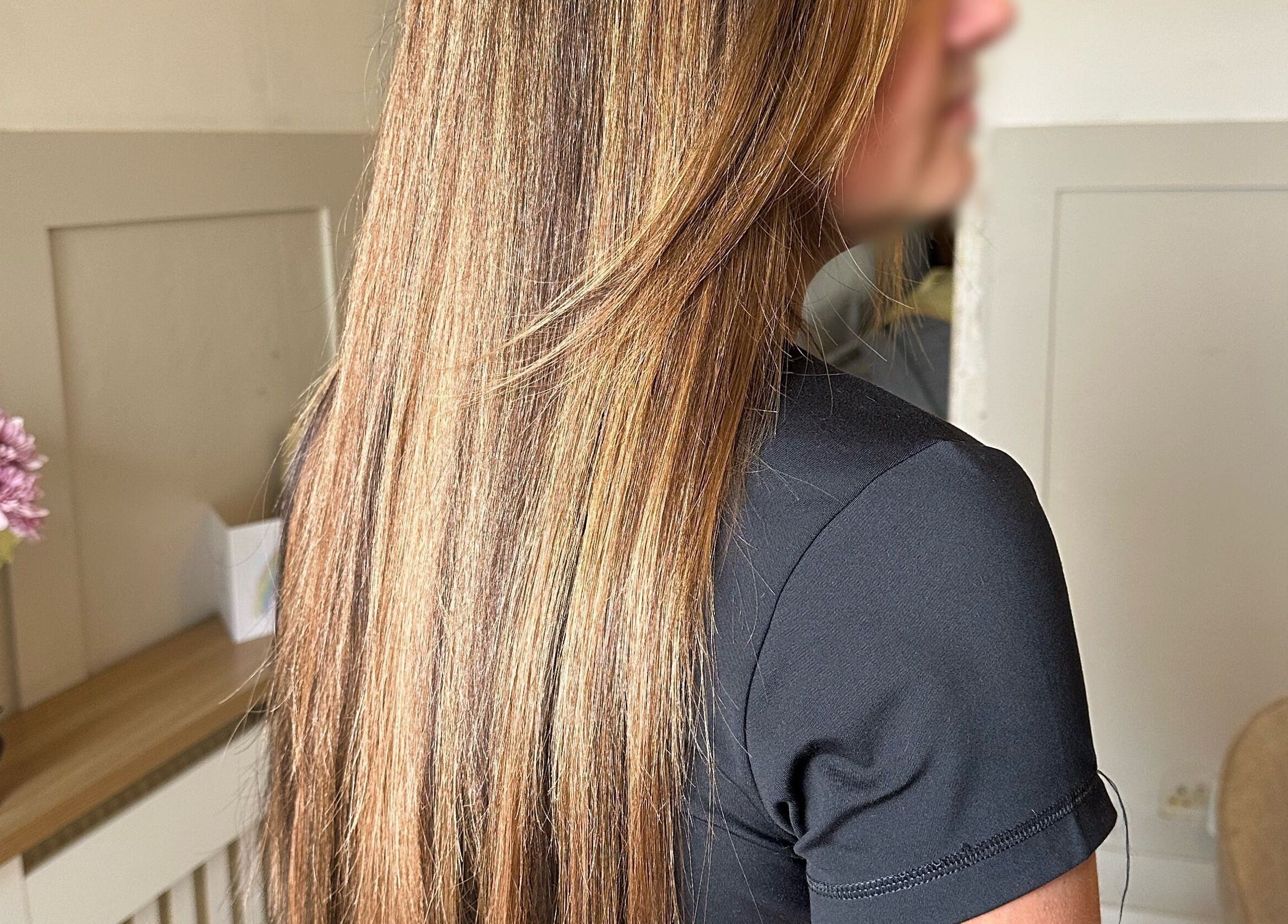 Glossy straight hair styled by Mob Hair Mobile Appointments in Giltbrook, England, GB.