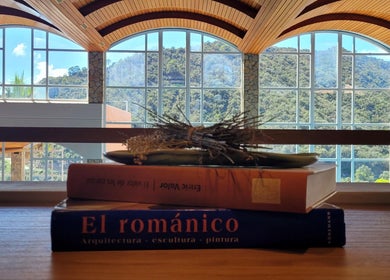 Vista de montañas desde AUA SPA Zel Costa Brava, TOSSA DE MAR, Catalunya, ES con libros decorativos.